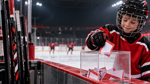 Junger Eishockeyspieler legt einen Vereinsschein in die Sammelbox