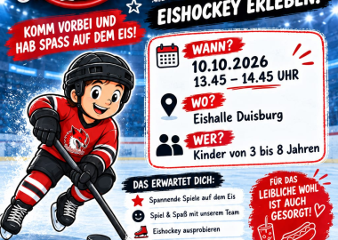 Plakat: Kids Day am 10.10.2026 von 13:45 bis 14:45 Uhr in der Eishalle Duisburg, für Kinder von 3 bis 8 Jahren.