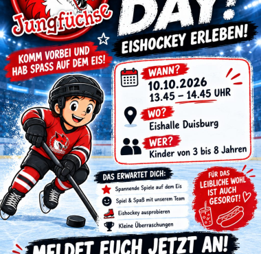 Plakat: Kids Day am 10.10.2026 von 13:45 bis 14:45 Uhr in der Eishalle Duisburg, für Kinder von 3 bis 8 Jahren.