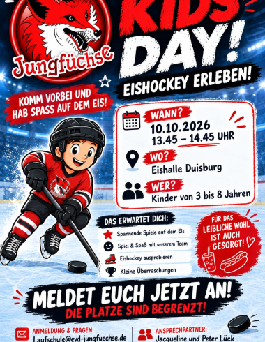 Plakat: Kids Day am 10.10.2026 von 13:45 bis 14:45 Uhr in der Eishalle Duisburg, für Kinder von 3 bis 8 Jahren.