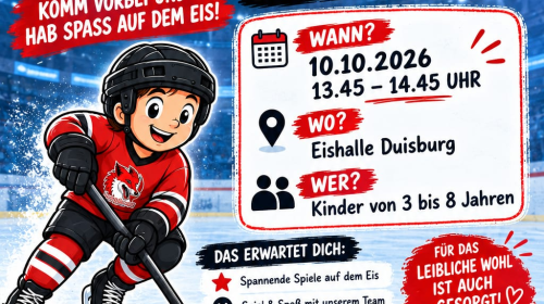 Plakat: Kids Day am 10.10.2026 von 13:45 bis 14:45 Uhr in der Eishalle Duisburg, für Kinder von 3 bis 8 Jahren.