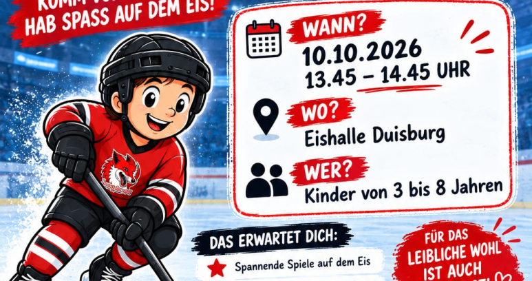 Plakat: Kids Day am 10.10.2026 von 13:45 bis 14:45 Uhr in der Eishalle Duisburg, für Kinder von 3 bis 8 Jahren.