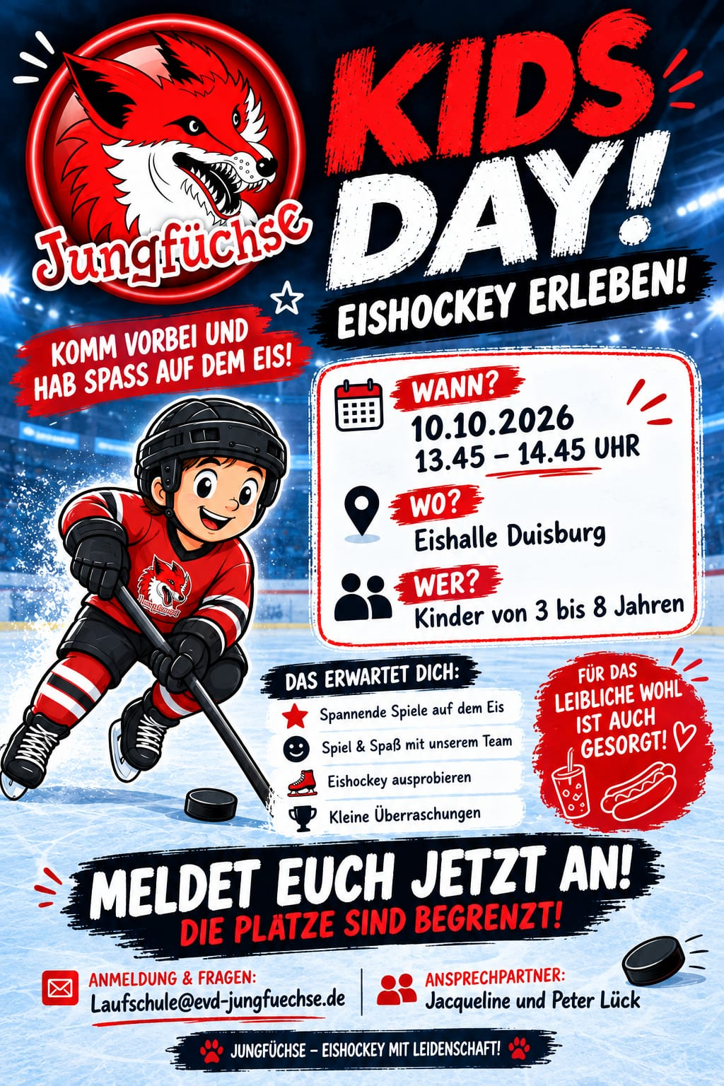 Kids Day Jungfüchse Duisburg – 10.10.2026 Plakat: Kids Day am 10.10.2026 von 13:45 bis 14:45 Uhr in der Eishalle Duisburg, für Kinder von 3 bis 8 Jahren.